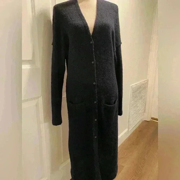 3 Dots Womens Long Black Cardigan buttons acrylic poly mohair wool blend  M - Picture 1 of 14